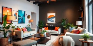 Camera amenajată elegant cu mobilier modern și plante.