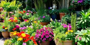 Grădină urbană plină de flori colorate și plante verzi.