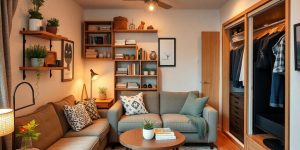Spațiu mic bine organizat cu mobilier multifuncțional.