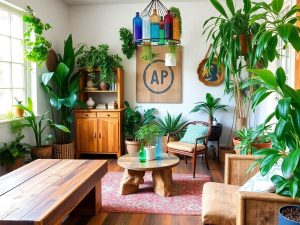 Amenajări interioare cu materiale reciclate și plante verzi.