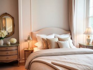 Dormitor elegant cu pat, perne și iluminare caldă.