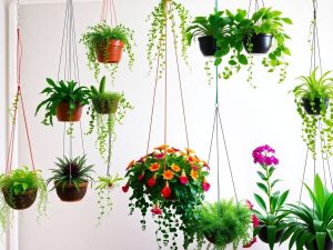 Grădini suspendate cu plante verzi și flori colorate.