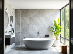 Design modern de baie cu cada si plante verzi.