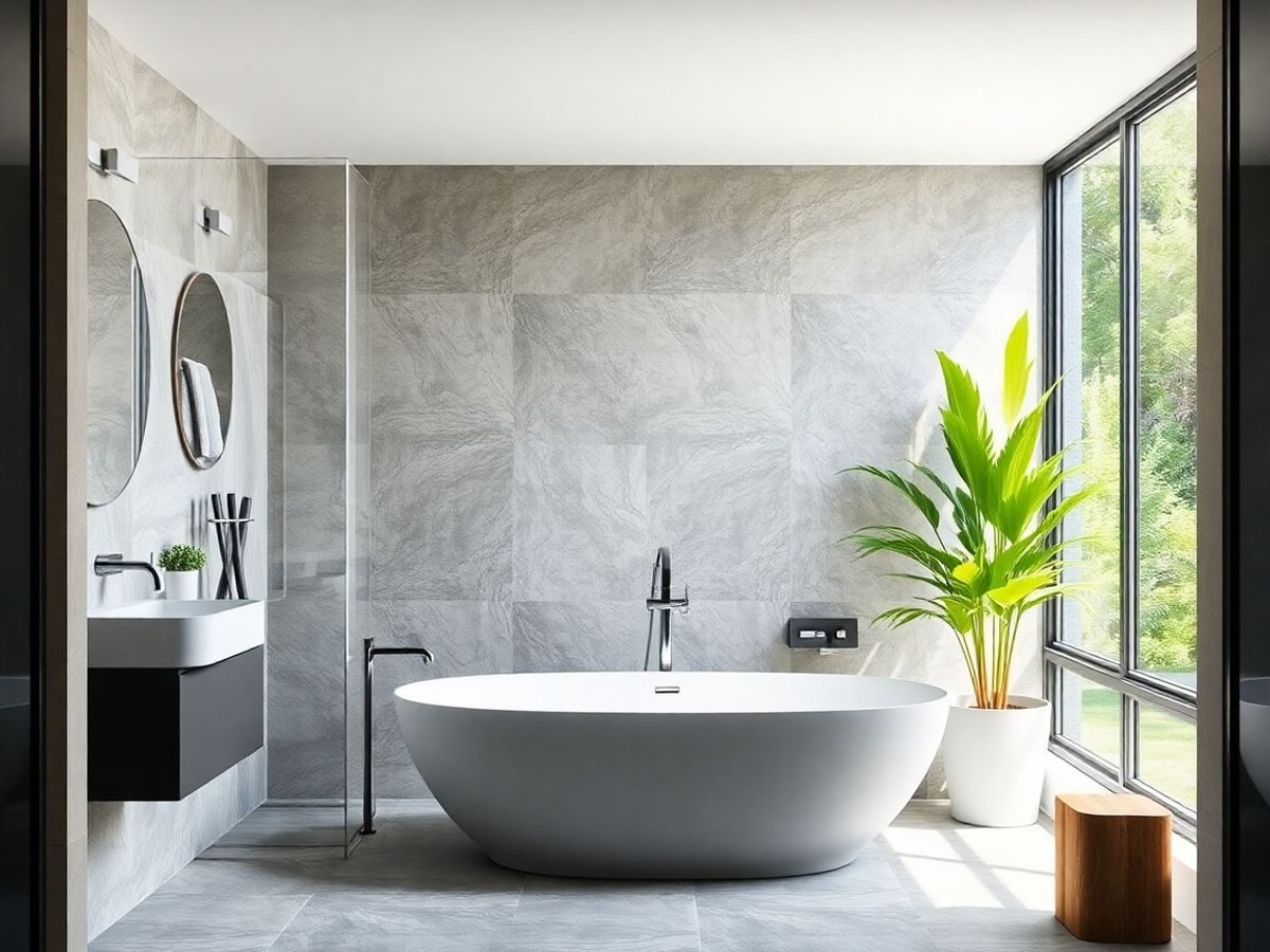 Design modern de baie cu cada si plante verzi.