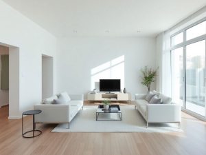 Interior minimalist cu mobilier simplu și culori neutre.