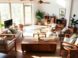 Mobilier modern din lemn într-o cameră luminoasă.