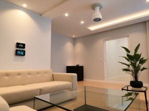 Camera de zi modernă cu termostat, difuzor, cameră și plantă.