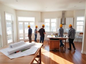 Casă renovată, luminoasă, cu muncitori, unelte și planuri.