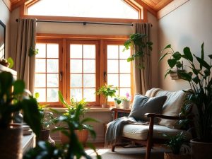 Casă eficientă energetic cu elemente naturale luminoase.