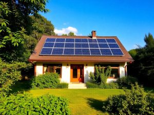 Casă modernă cu panouri solare pe acoperiș.