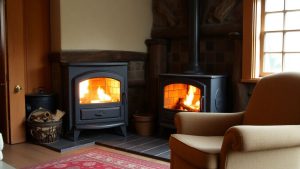 Soba tradițională din teracotă, cu foc aprins.