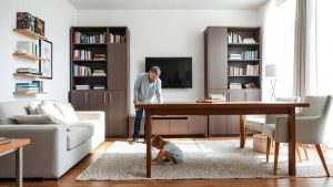 Cameră de zi cu mobilier ancorat și familie pregătită