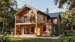 Casă modernă din lemn înconjurată de natură.